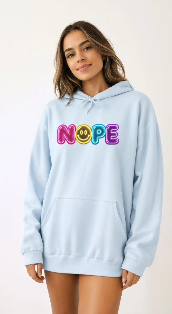 NOPE Retro Neon Hoodie | Millennial Nostalgia Sweatshirt | 90s Smiley Face Hoodie | Y2K Graphic Hoodie