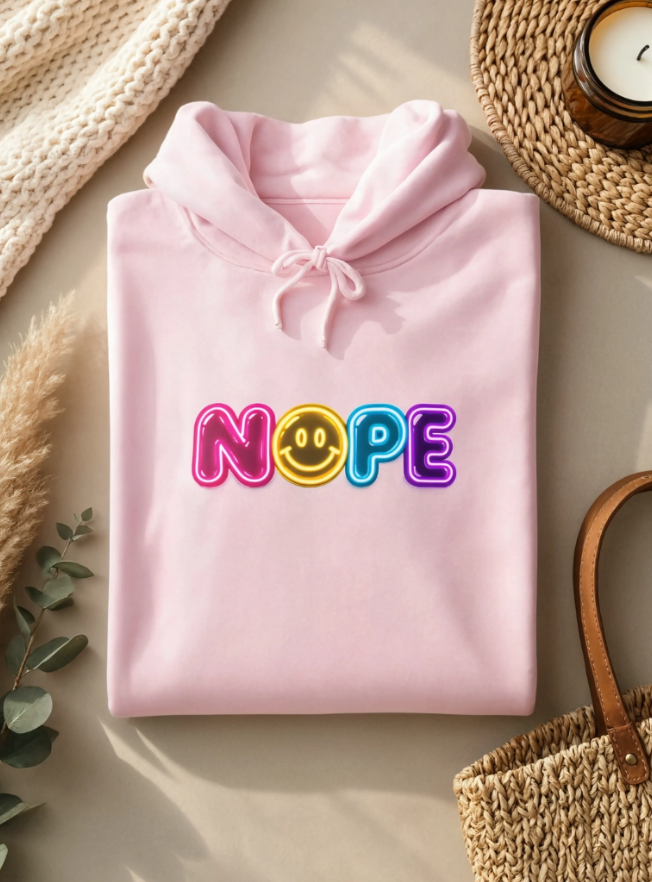 NOPE Retro Neon Hoodie | Millennial Nostalgia Sweatshirt | 90s Smiley Face Hoodie | Y2K Graphic Hoodie