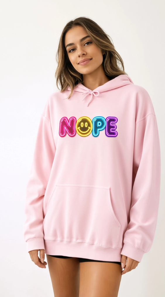 NOPE Retro Neon Hoodie | Millennial Nostalgia Sweatshirt | 90s Smiley Face Hoodie | Y2K Graphic Hoodie