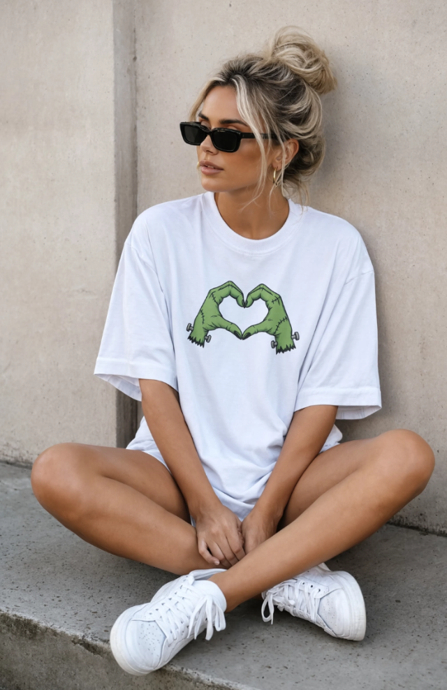 Frankenstein Heart Hands Halloween T-Shirt | Spooky Cute Graphic Tee | Halloween Shirt