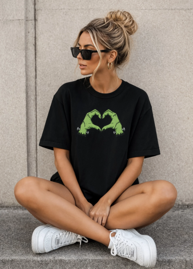 Frankenstein Heart Hands Halloween T-Shirt | Spooky Cute Graphic Tee | Halloween Shirt