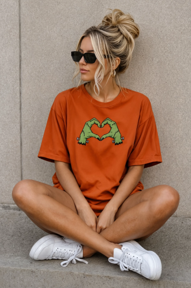 Frankenstein Heart Hands Halloween T-Shirt | Spooky Cute Graphic Tee | Halloween Shirt