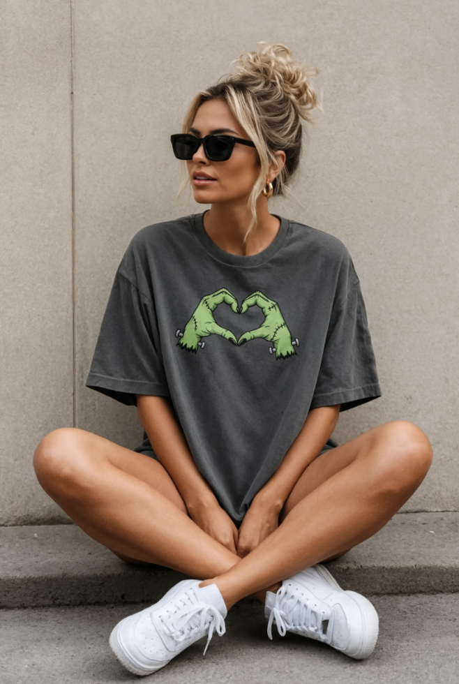 Frankenstein Heart Hands Halloween T-Shirt | Spooky Cute Graphic Tee | Halloween Shirt
