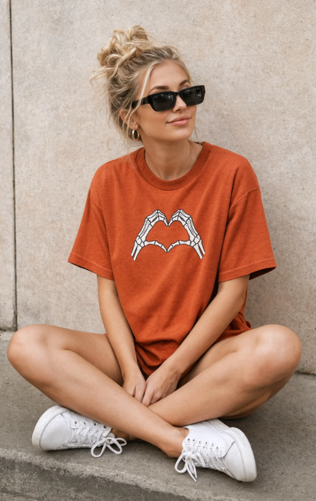 Skeleton Heart Hands Halloween Shirt | Millennial Heart Tee | Spooky Graphic T-Shirt | Halloween Shirt for Women