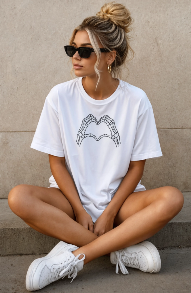 Skeleton Heart Hands Halloween Shirt | Millennial Heart Tee | Spooky Graphic T-Shirt | Halloween Shirt for Women