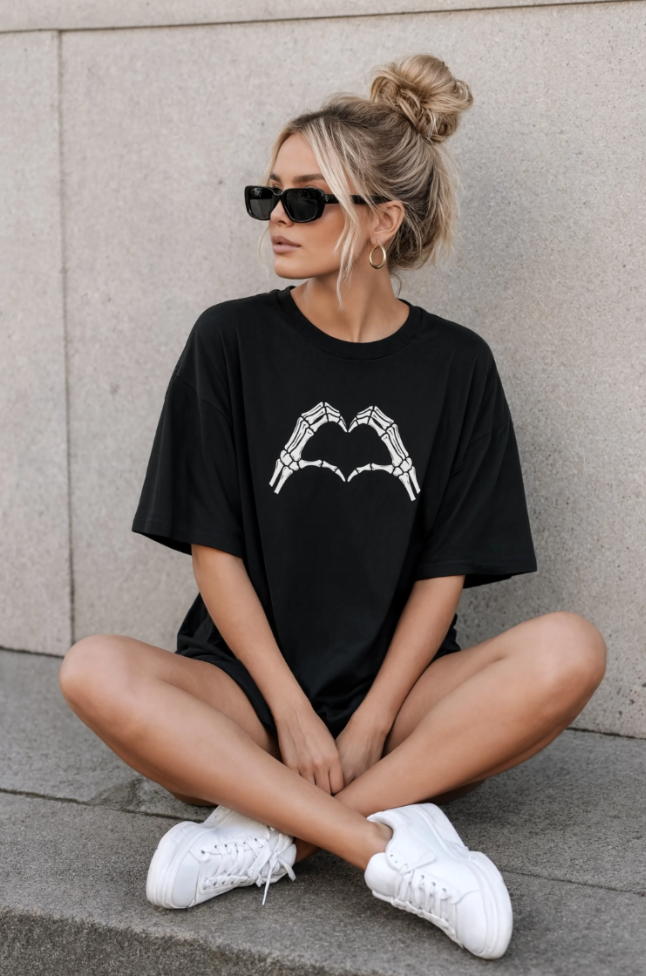 Skeleton Heart Hands Halloween Shirt | Millennial Heart Tee | Spooky Graphic T-Shirt | Halloween Shirt for Women