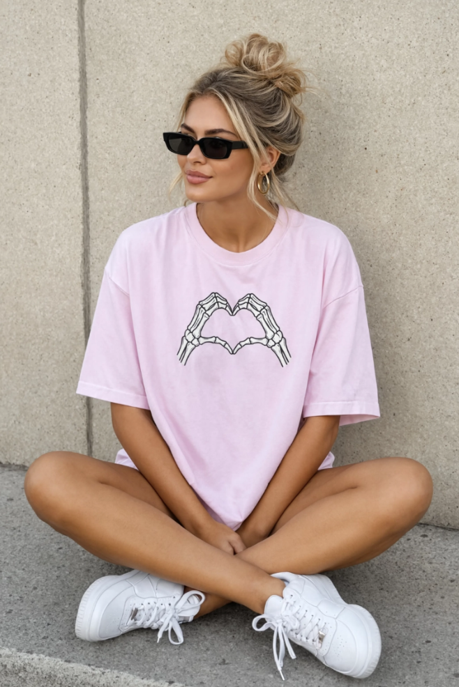Skeleton Heart Hands Halloween Shirt | Millennial Heart Tee | Spooky Graphic T-Shirt | Halloween Shirt for Women