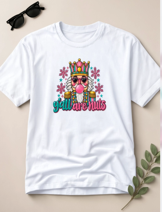 Y’all Are Nuts Christmas Nutcracker Shirt | Funny Christmas T-Shirt | Retro Holiday Graphic Tee | Colorful Christmas Shirt