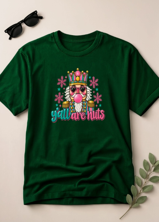 Y’all Are Nuts Christmas Nutcracker Shirt | Funny Christmas T-Shirt | Retro Holiday Graphic Tee | Colorful Christmas Shirt