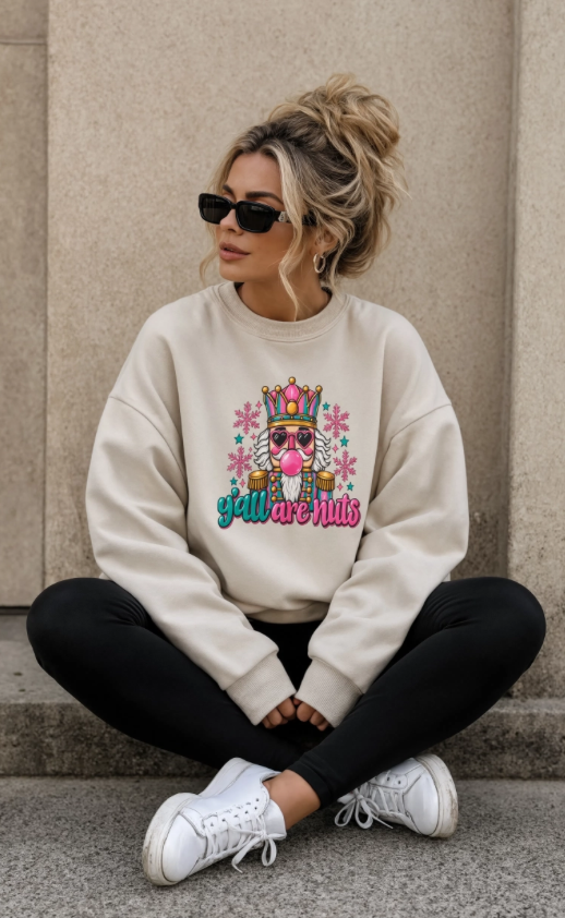 Y’all Are Nuts Christmas Nutcracker Crewneck Sweatshirt | Funny Christmas Sweater | Retro Holiday Sweatshirt | Colorful Christmas Crewneck