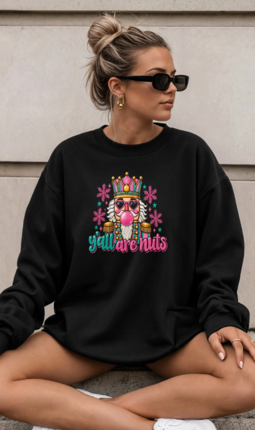 Y’all Are Nuts Christmas Nutcracker Crewneck Sweatshirt | Funny Christmas Sweater | Retro Holiday Sweatshirt | Colorful Christmas Crewneck
