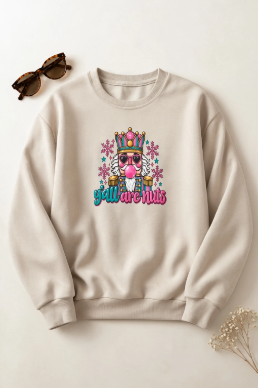 Y’all Are Nuts Christmas Nutcracker Crewneck Sweatshirt | Funny Christmas Sweater | Retro Holiday Sweatshirt | Colorful Christmas Crewneck