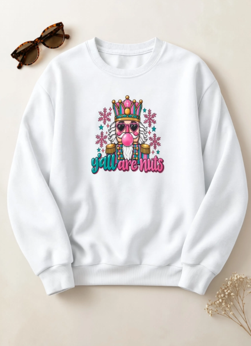 Y’all Are Nuts Christmas Nutcracker Crewneck Sweatshirt | Funny Christmas Sweater | Retro Holiday Sweatshirt | Colorful Christmas Crewneck