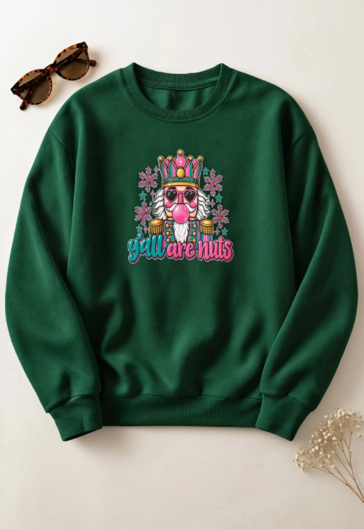 Y’all Are Nuts Christmas Nutcracker Crewneck Sweatshirt | Funny Christmas Sweater | Retro Holiday Sweatshirt | Colorful Christmas Crewneck