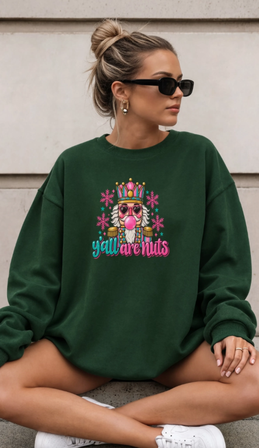 Y’all Are Nuts Christmas Nutcracker Crewneck Sweatshirt | Funny Christmas Sweater | Retro Holiday Sweatshirt | Colorful Christmas Crewneck