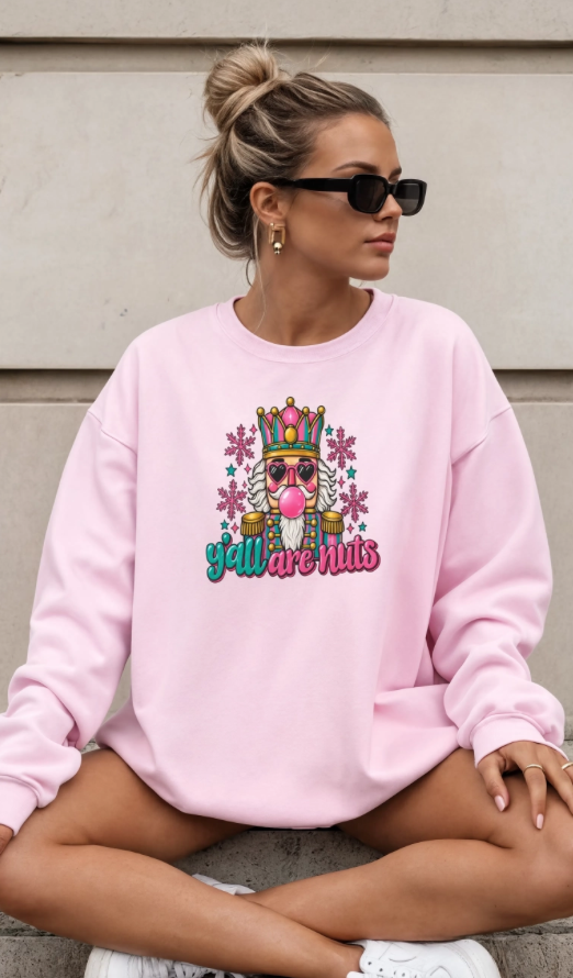 Y’all Are Nuts Christmas Nutcracker Crewneck Sweatshirt | Funny Christmas Sweater | Retro Holiday Sweatshirt | Colorful Christmas Crewneck