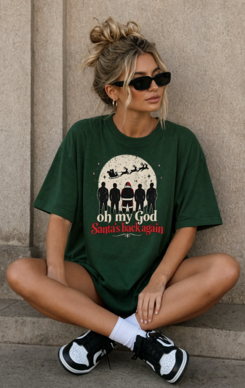 Oh My God Santa’s Back Again Christmas Shirt | Funny 90s Christmas T-Shirt | Millennial Holiday Graphic Tee | Santa Shirt
