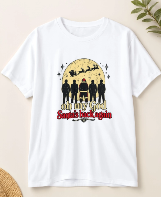 Oh My God Santa’s Back Again Christmas Shirt | Funny 90s Christmas T-Shirt | Millennial Holiday Graphic Tee | Santa Shirt