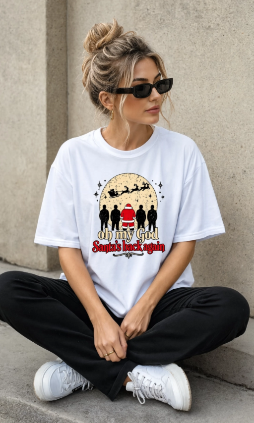 Oh My God Santa’s Back Again Christmas Shirt | Funny 90s Christmas T-Shirt | Millennial Holiday Graphic Tee | Santa Shirt