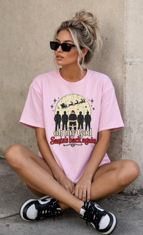 Oh My God Santa’s Back Again Christmas Shirt | Funny 90s Christmas T-Shirt | Millennial Holiday Graphic Tee | Santa Shirt