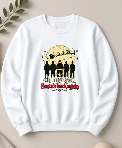 Oh My God Santa’s Back Again Christmas Sweatshirt | 90s Christmas Crewneck | Millennial Holiday Sweatshirt | Retro Santa Sweater