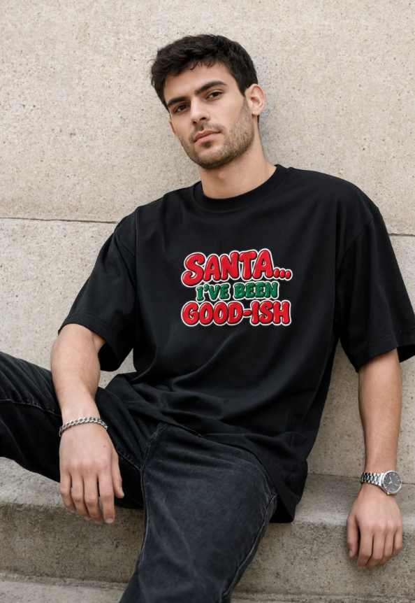 Santa I’ve Been Good-ish Christmas Shirt | Funny Christmas T-Shirt | Sarcastic Holiday Graphic Tee | Retro Santa Shirt