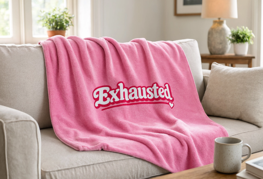 Exhausted Pink Throw Blanket – Funny Cozy Blanket for Women, Millennial Gift, Overstimulated & Tired Girl Home Decor