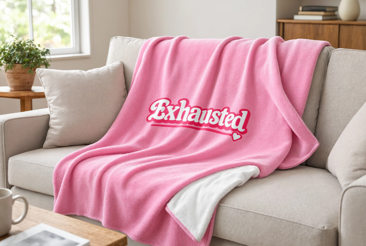 Exhausted Pink Throw Blanket – Funny Cozy Blanket for Women, Millennial Gift, Overstimulated & Tired Girl Home Decor