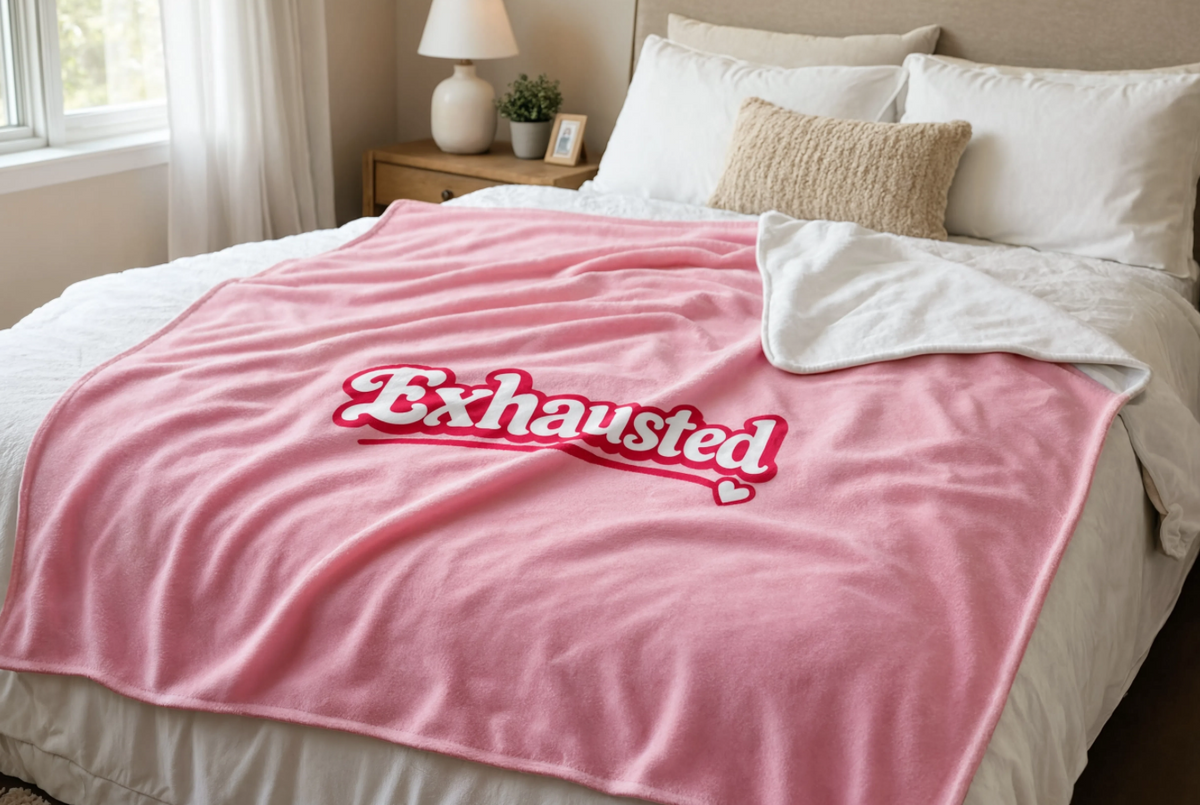 Exhausted Pink Throw Blanket – Funny Cozy Blanket for Women, Millennial Gift, Overstimulated & Tired Girl Home Decor