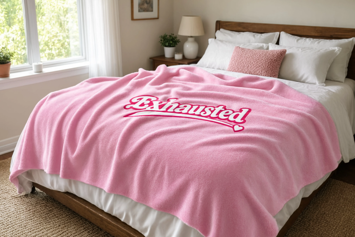Exhausted Pink Throw Blanket – Funny Cozy Blanket for Women, Millennial Gift, Overstimulated & Tired Girl Home Decor