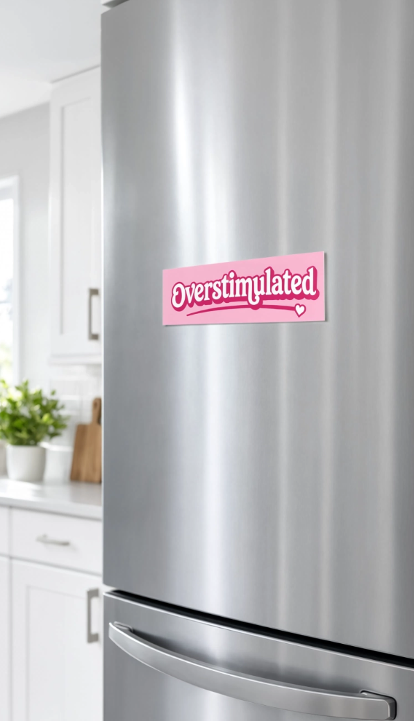 Overstimulated script design Car Magnet | pink relatable bumper sticker