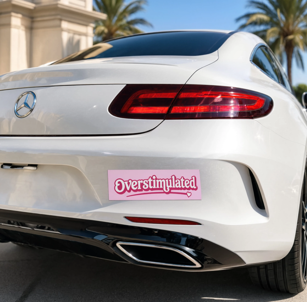 Overstimulated script design Car Magnet | pink relatable bumper sticker