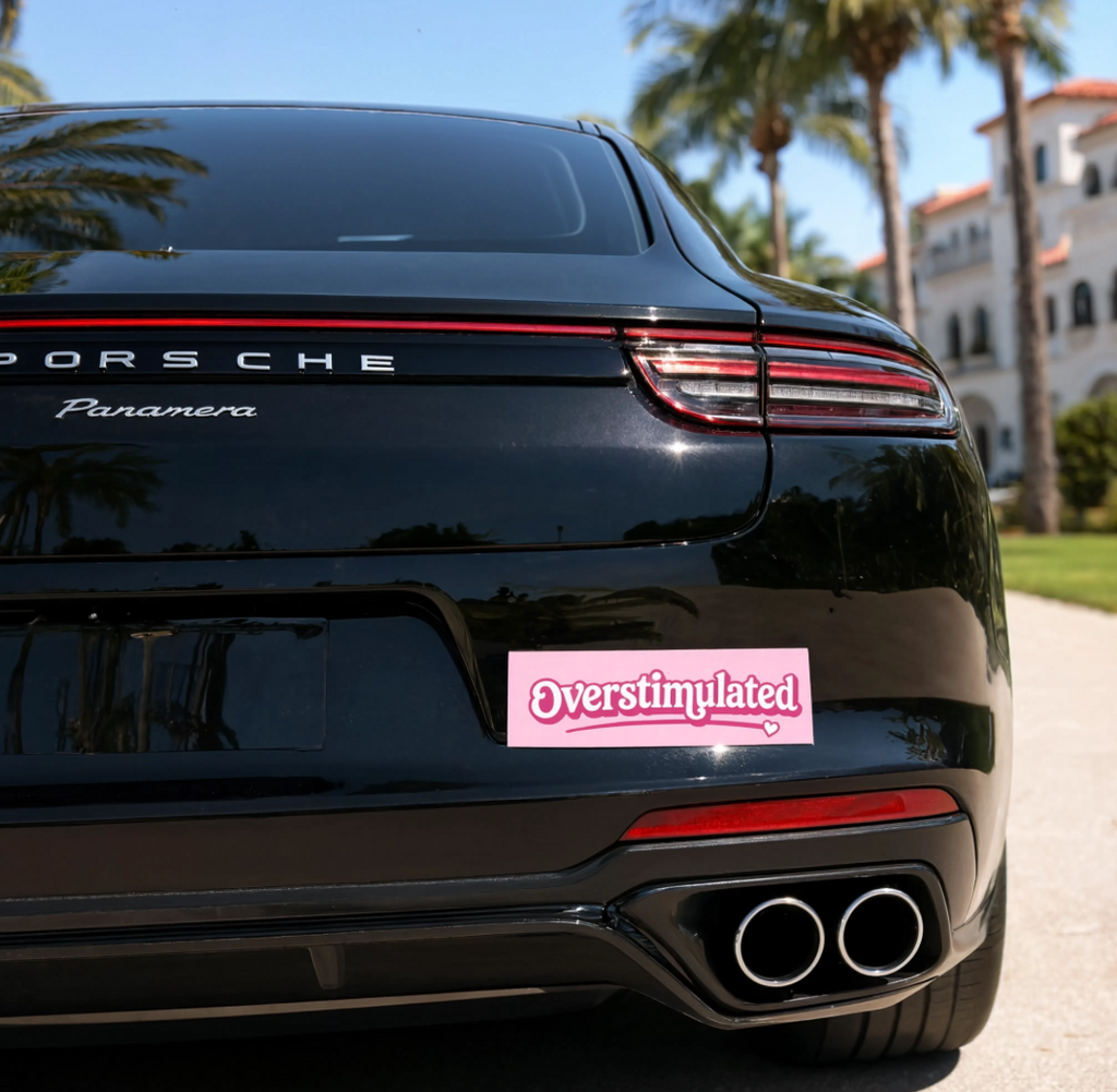 Overstimulated script design Car Magnet | pink relatable bumper sticker
