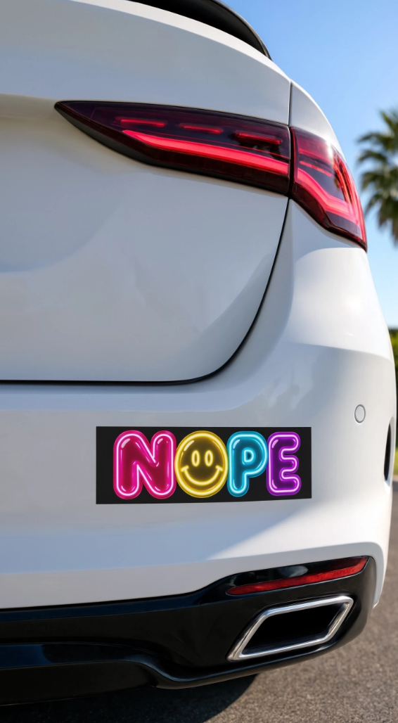 NOPE Neon Smiley Car Magnet | Funny Retro Neon Sign Vehicle Magnet