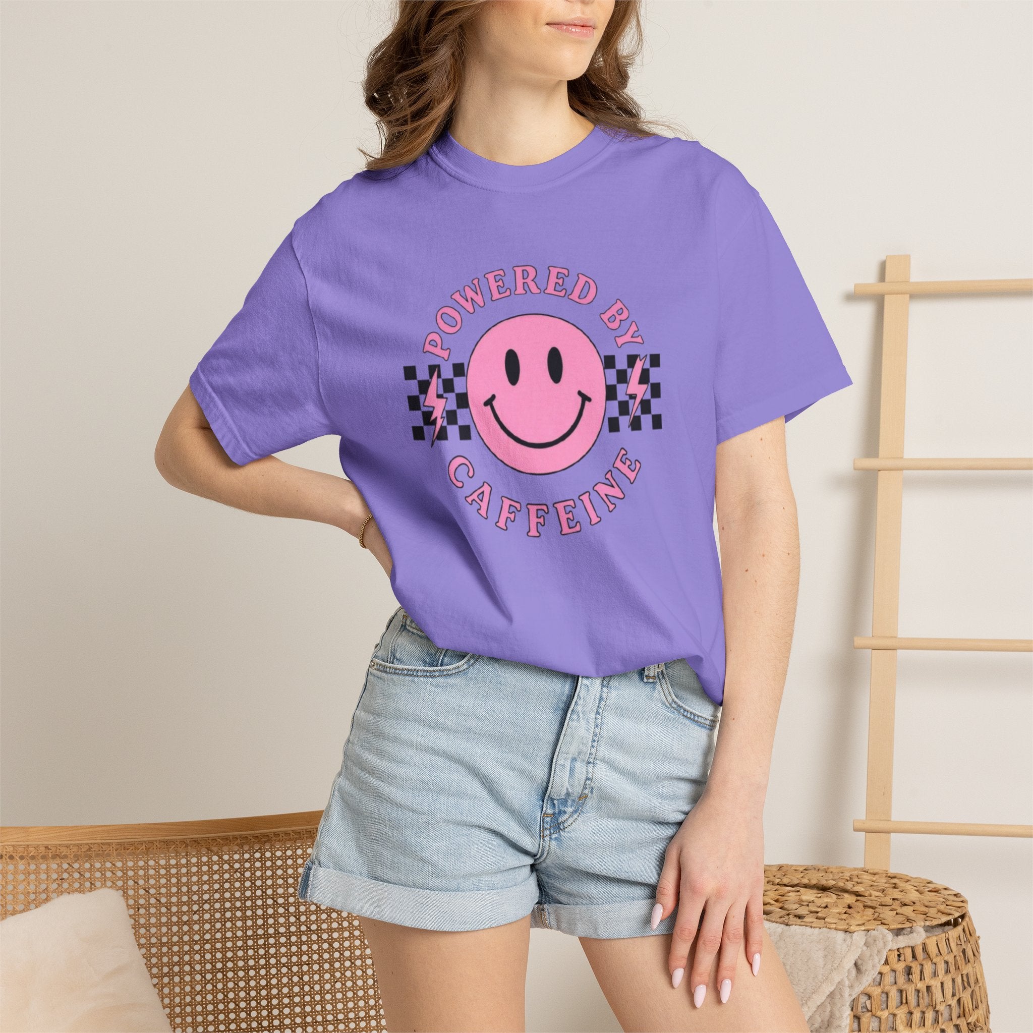 Comfort Colors Powered By Caffeine Shirt - Pink Smiley Face Retro Coffee Graphic Tee