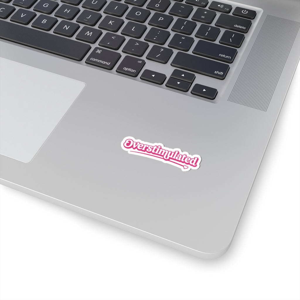 Overstimulated script sticker Kiss-Cut Sticker | pink retro cursive decal