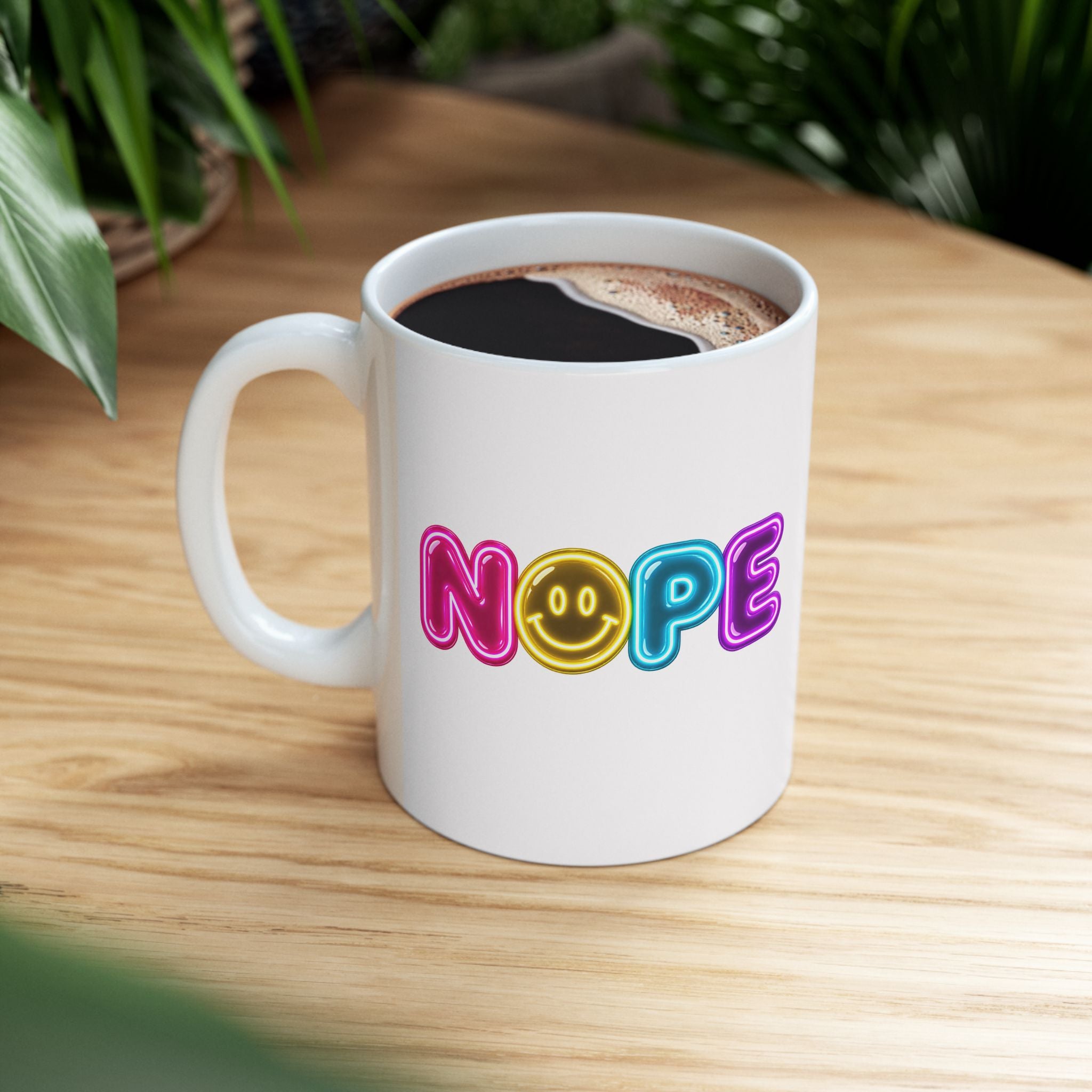 NOPE Retro Neon Mug | Millennial Nostalgia Coffee Mug | 90s Smiley Face Mug