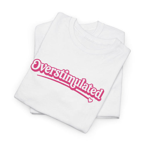 "Overstimulated" Retro Script Heavyweight Graphic Tee | Pink Nostalgia Aesthetic T-Shirt