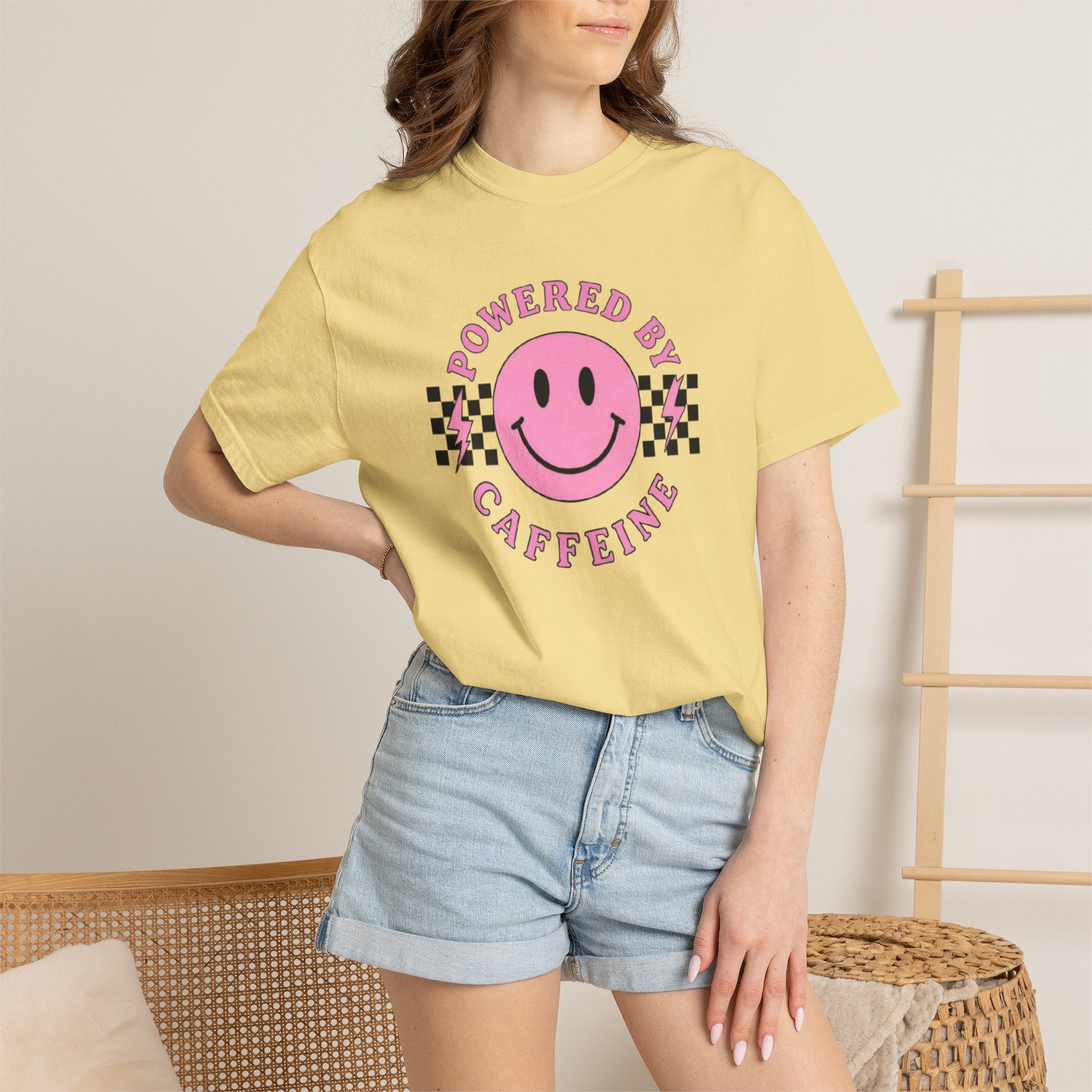 Comfort Colors Powered By Caffeine Shirt - Pink Smiley Face Retro Coffee Graphic Tee