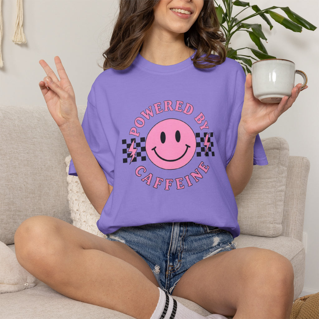 Comfort Colors Powered By Caffeine Shirt - Pink Smiley Face Retro Coffee Graphic Tee