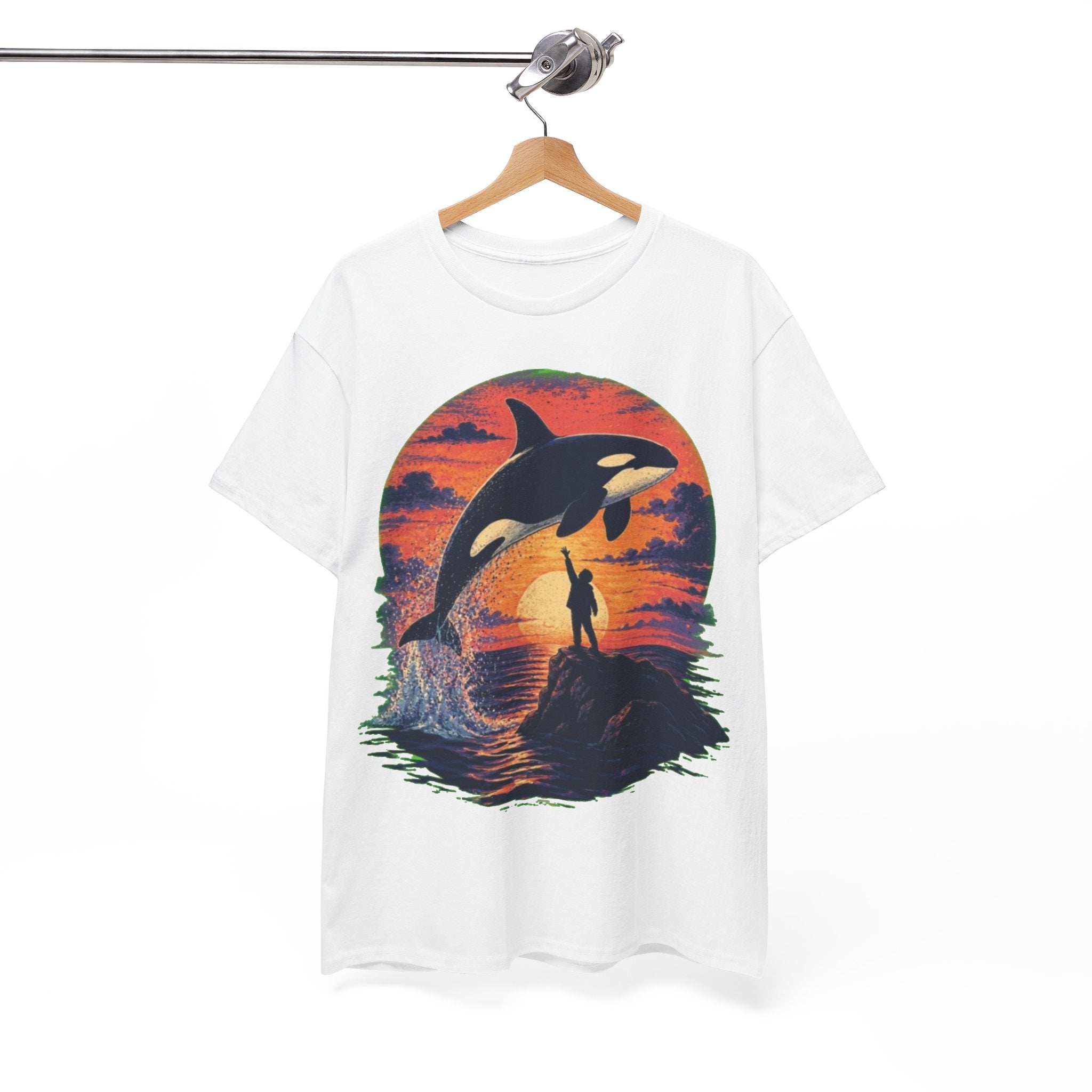 Oversized Retro Orca Tee, Vintage 90s Movie Aesthetic Shirt, Killer Whale Sunset Graphic, Unisex Streetwear Top, Trendy Nostalgic Gift