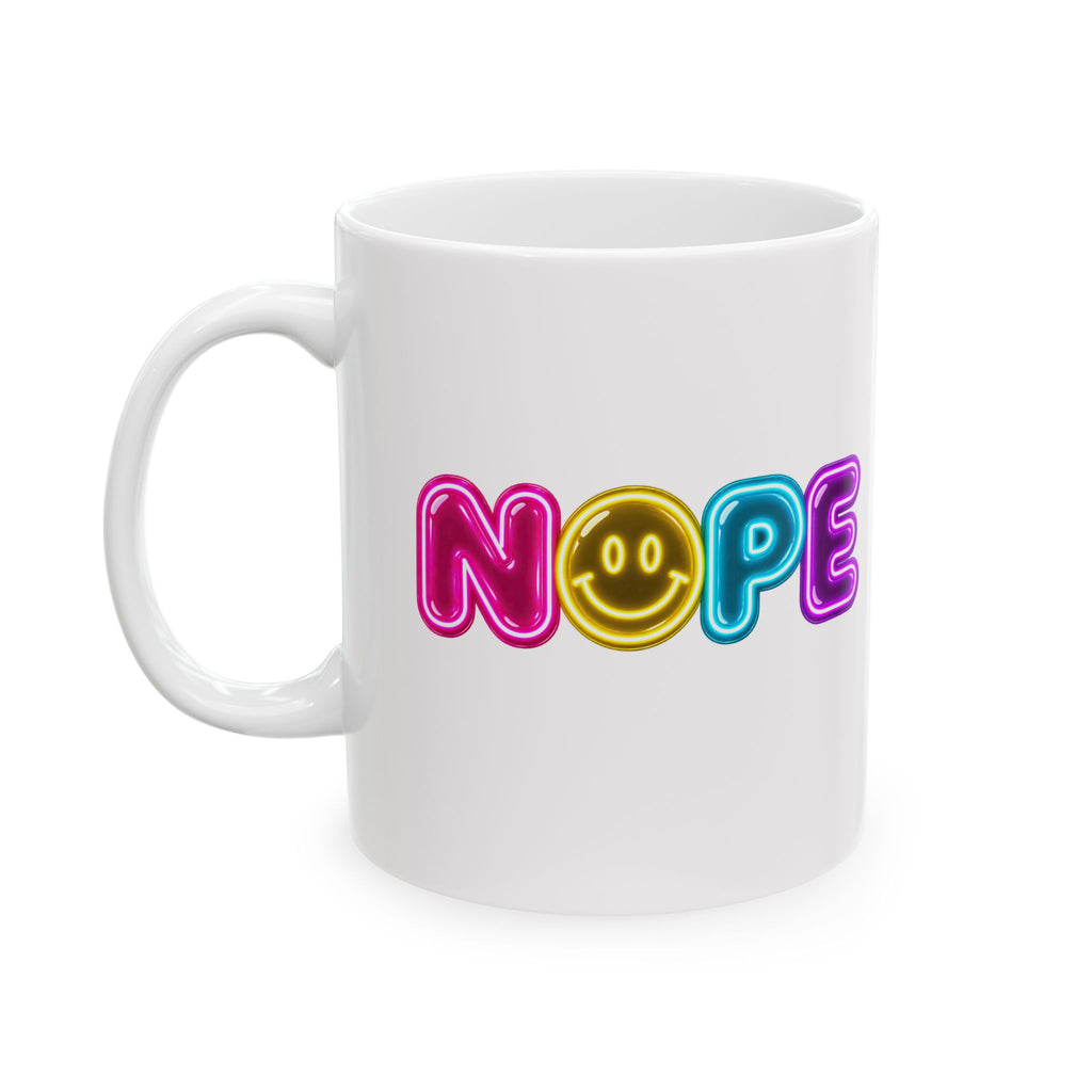 NOPE Retro Neon Mug | Millennial Nostalgia Coffee Mug | 90s Smiley Face Mug