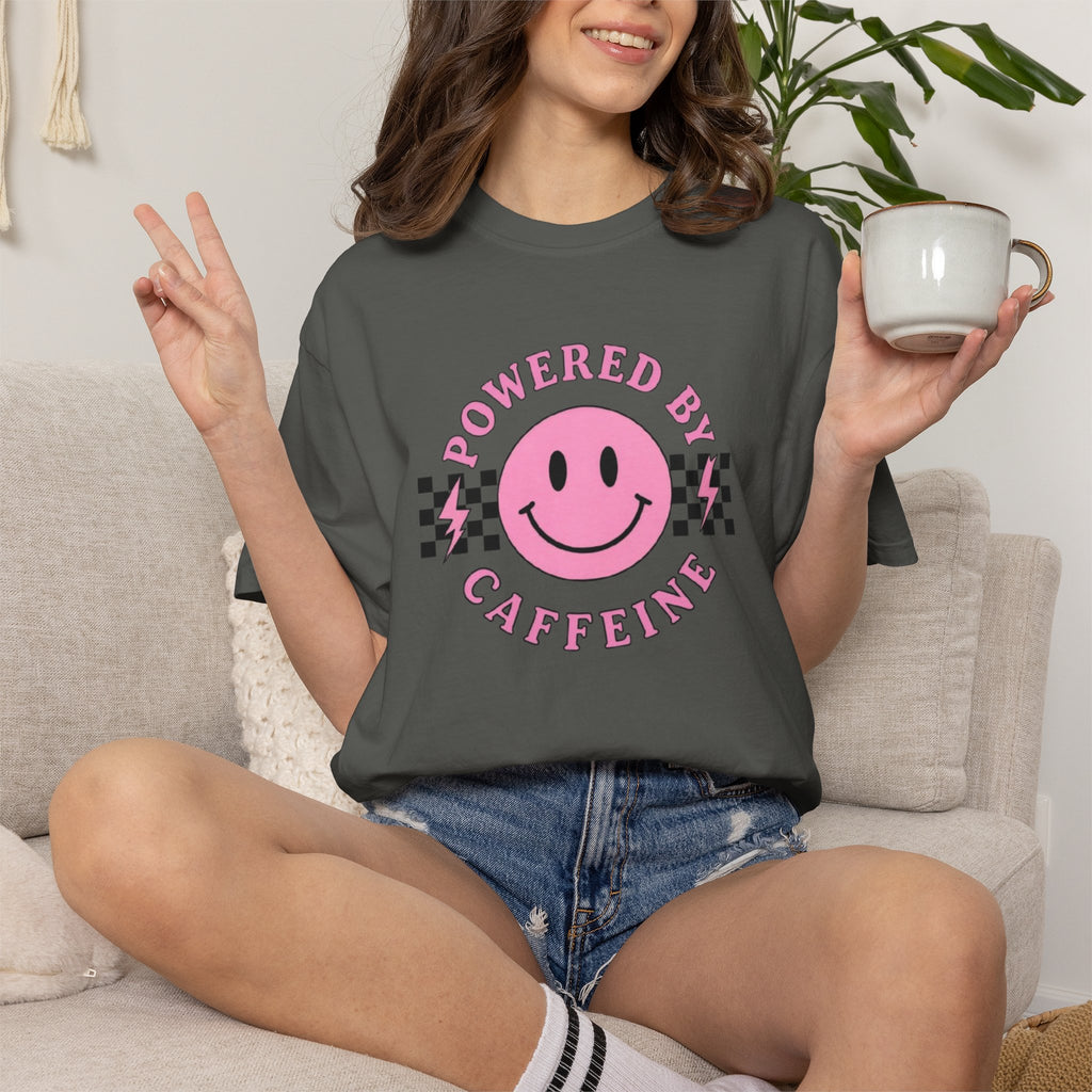 Comfort Colors Powered By Caffeine Shirt - Pink Smiley Face Retro Coffee Graphic Tee